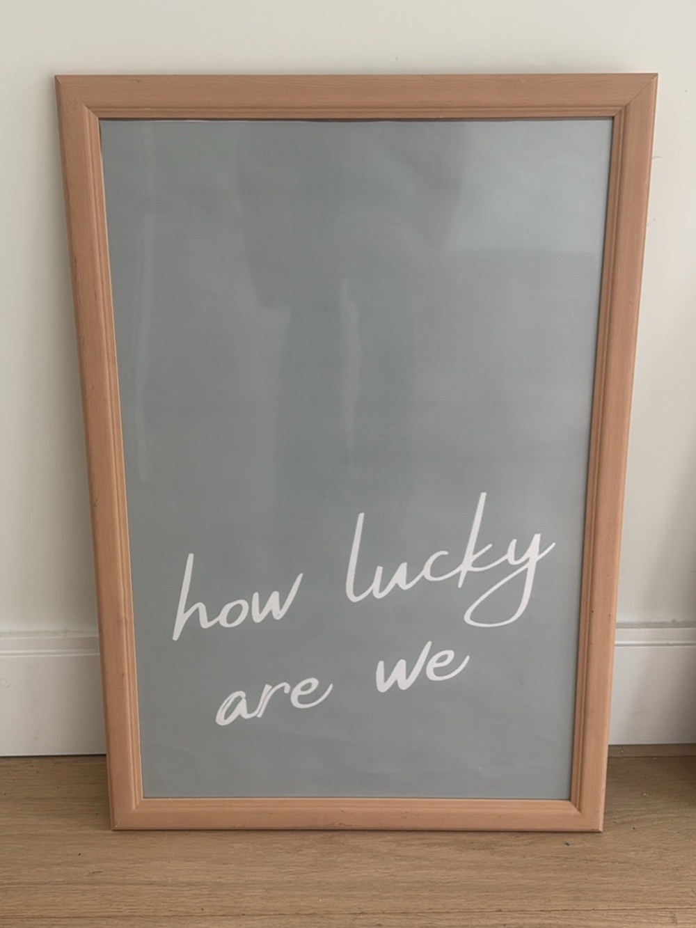 Framed "how lucky are we" Wall Art - Sage Green with Natural Wood Frame